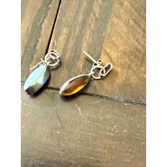 Vintage Reversible Sterling Silver Earrings Amber & Turquoise Dangle  Earrings - Picture 2 of 7